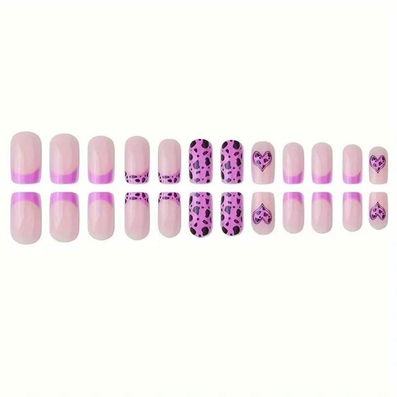 Nails Purple Cow Print Heart Press On 24 Fake Glam Trendy Reusable Leopard Fun - Picture 3 of 5